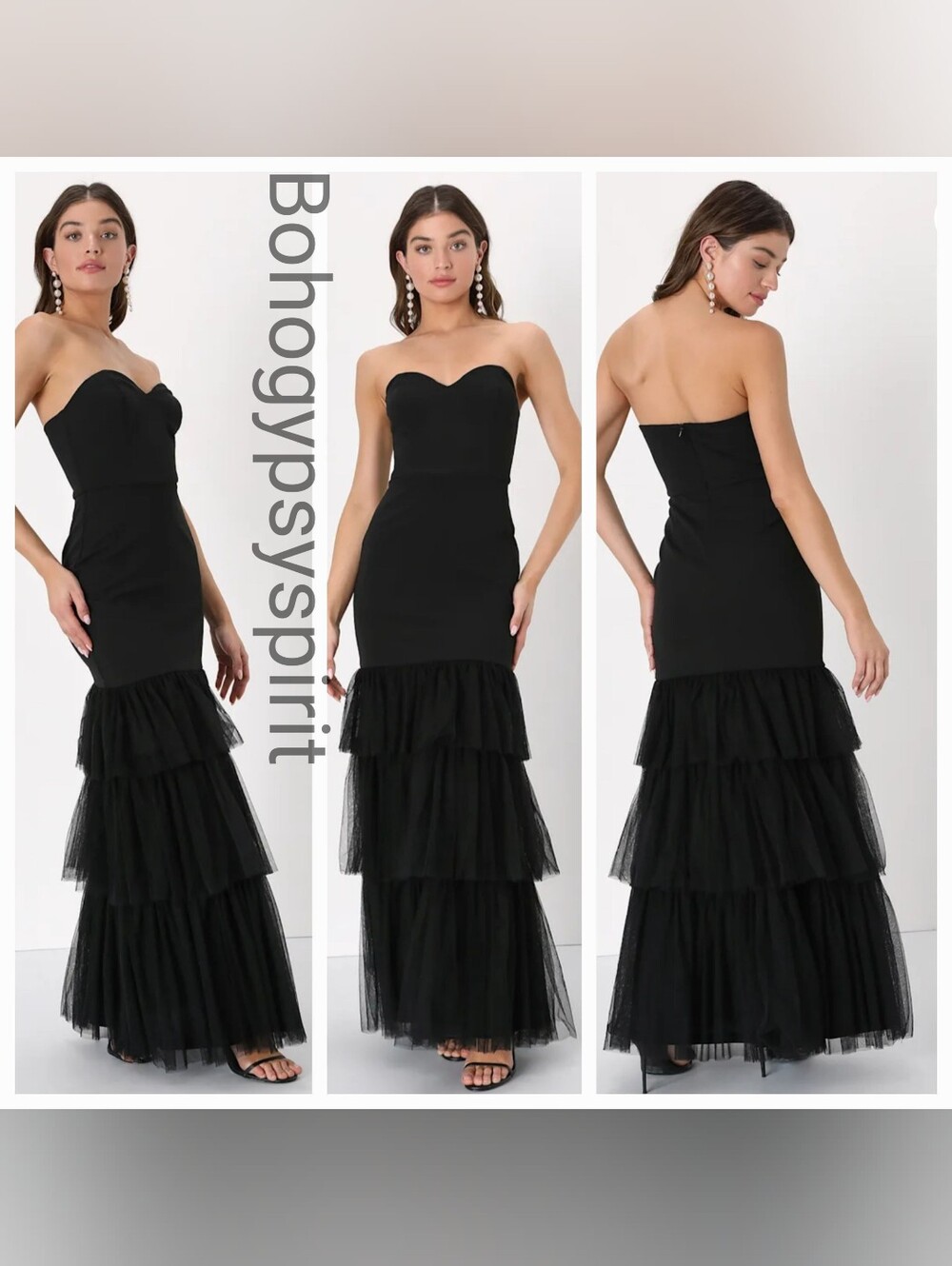 $98 NWOT Lulus Dramatic  Black Strapless Tulle Trumpet Maxi Gown